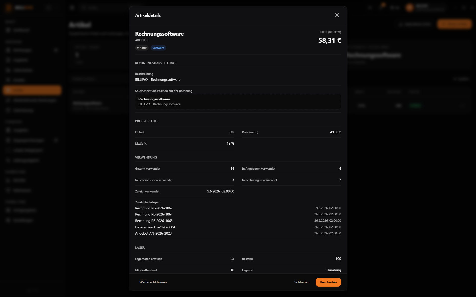 BILLEVO Screenshot: Artikelverwaltung mit Preisen und Lagerbestand