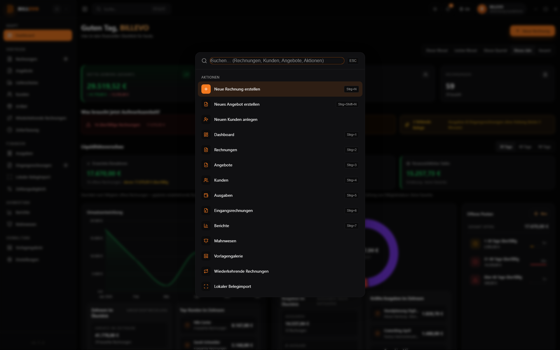 BILLEVO Screenshot: Befehlspalette (Strg+K) für schnelle Navigation