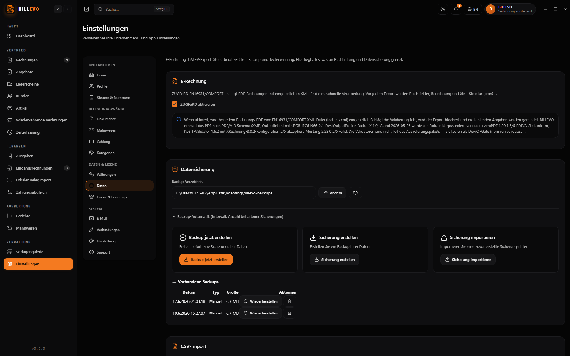 BILLEVO Screenshot: Einstellungen für E-Rechnung und lokale Backups