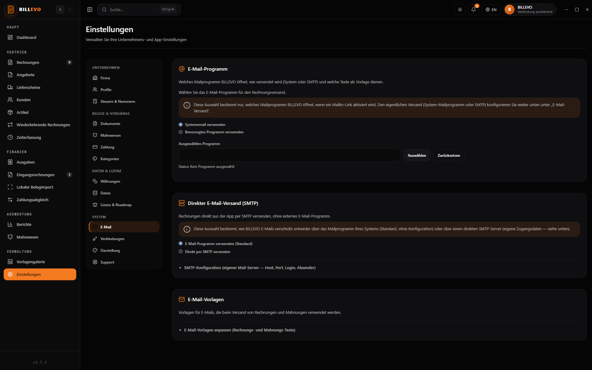 BILLEVO Screenshot: E-Mail-Versand mit SMTP, Vorlagen und Platzhaltern