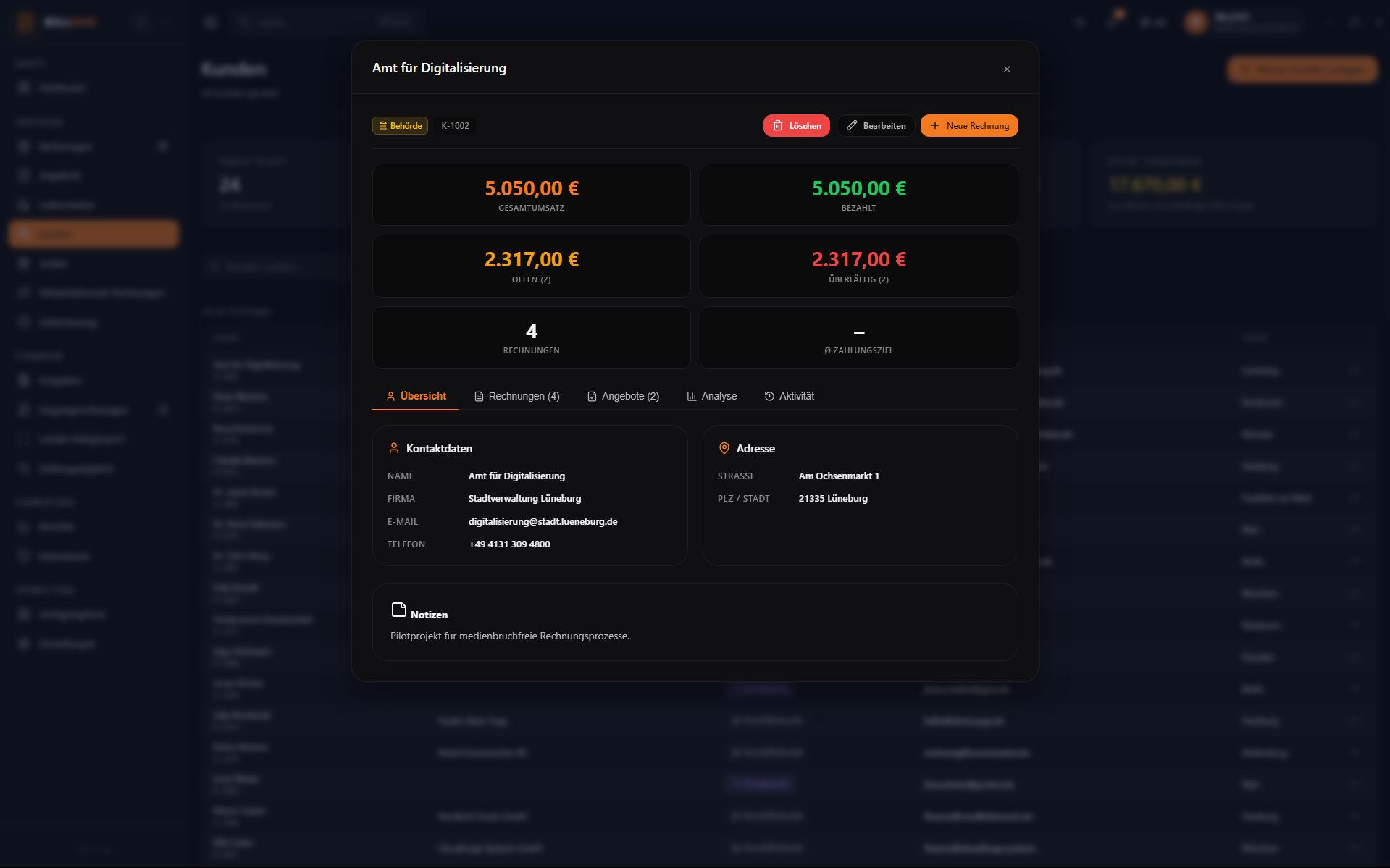 BILLEVO Screenshot: Kundenakte mit Umsatz, offenen Posten und Historie
