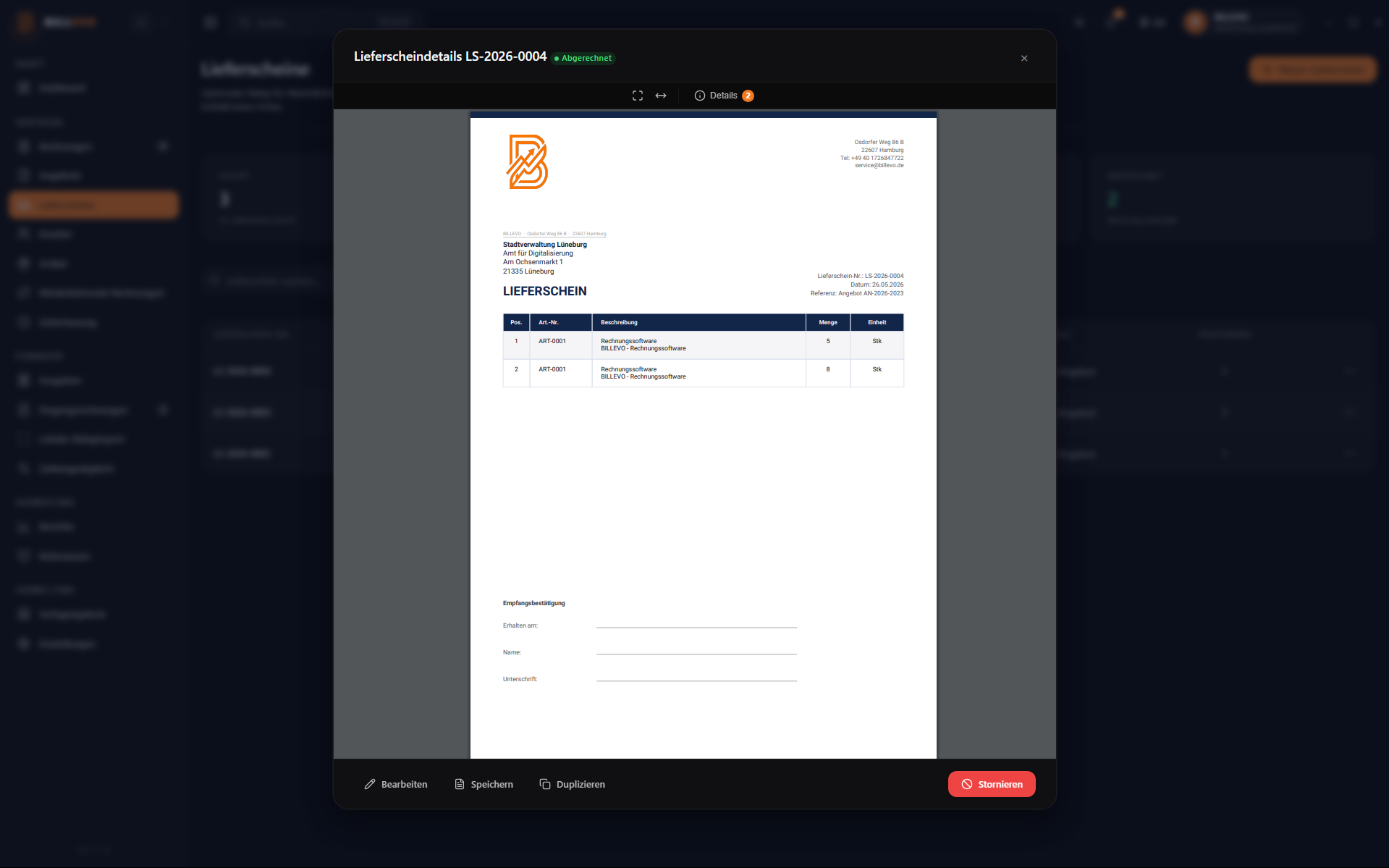 BILLEVO Screenshot: Angebote und Lieferscheine – vom Angebot per Klick zum Lieferschein