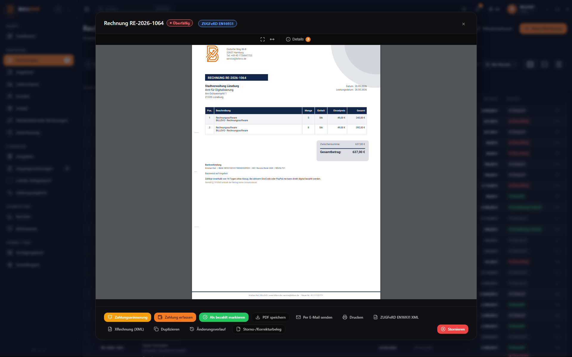 BILLEVO Screenshot: Rechnungsansicht mit PDF-Vorschau, Versand und ZUGFeRD-Export