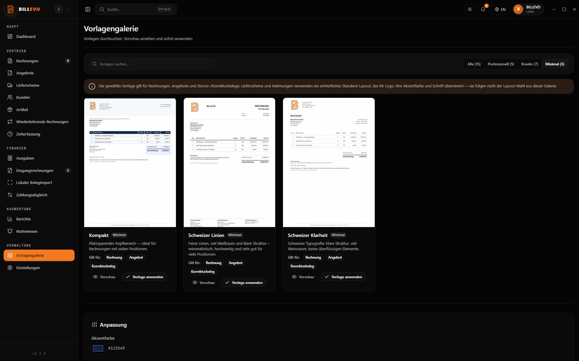 BILLEVO Screenshot: Vorlagen-Galerie mit Rechnungsdesigns und Live-Vorschau
