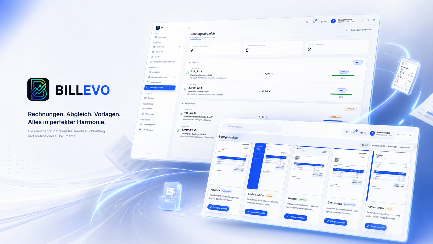 BILLEVO Desktop-App: Dashboard mit Zahlungseingängen, Reports und Vorlagen