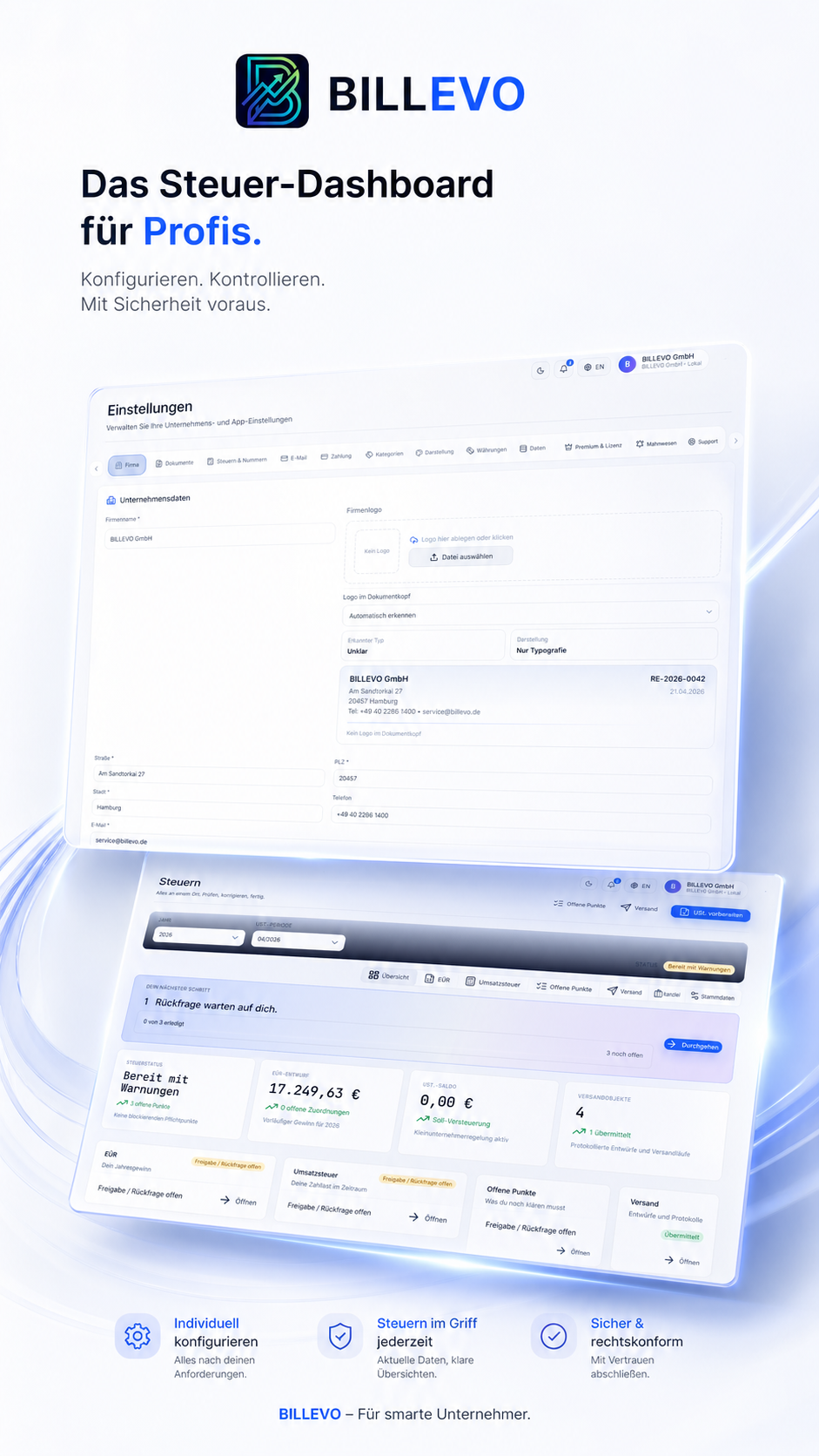 BILLEVO Steuer-Dashboard für Profis: Konfigurieren, Kontrollieren, mit Sicherheit voraus