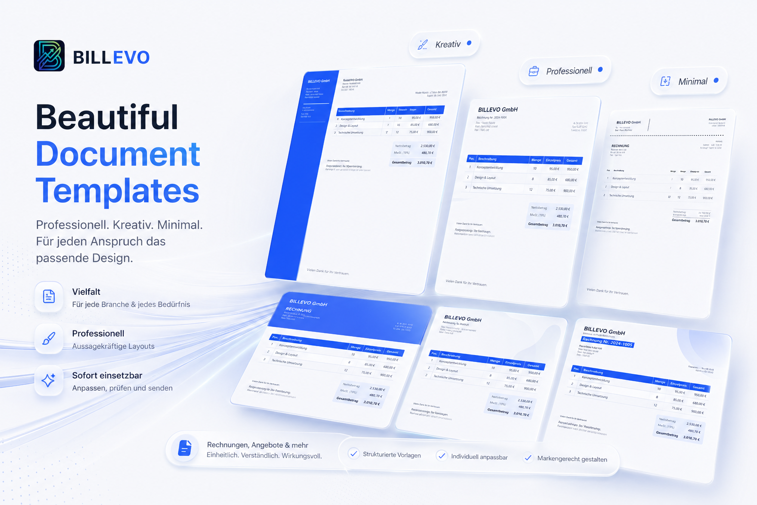 BILLEVO Document Templates — kreativ, professionell, minimal